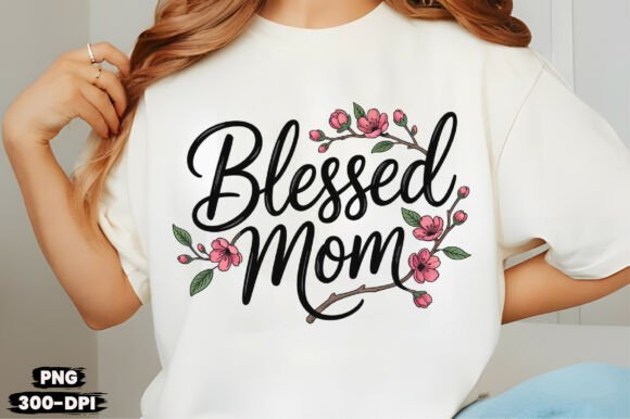 Blessed Mom Floral Script T-Shirt PNG