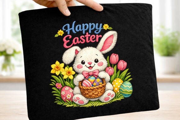 Bunny Eggs Floral Happy Easter Embroider T-Shirt Designs