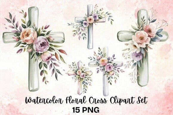 Watercolor Floral Cross Clipart Set for T-Shirt Designs